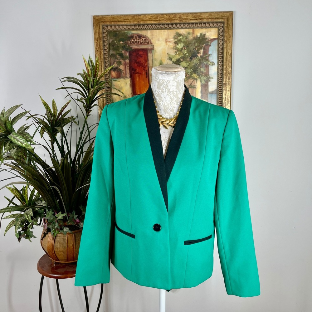Jordache Blazer Women 11/12 Green Polyester Shawl Collar Single Button Vintage